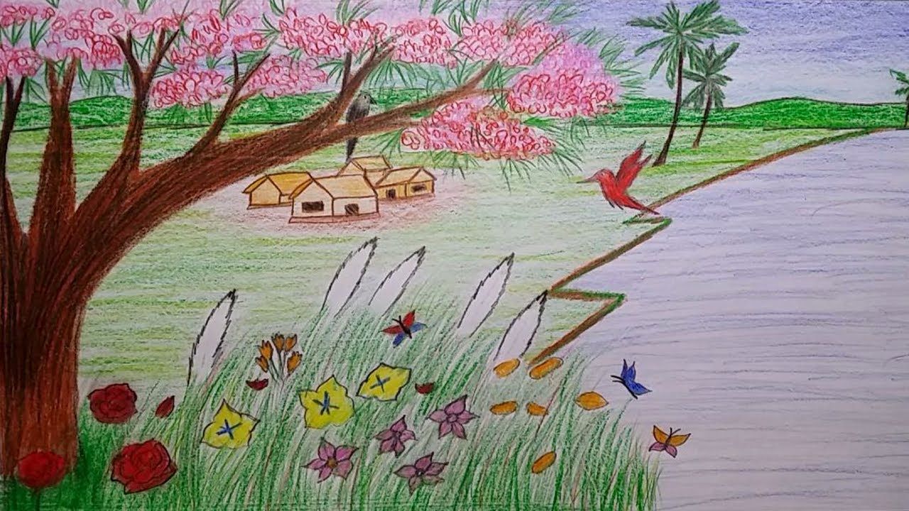 Рисуем весну 2 класс поэтапно. Природа рисунок для детей. Летний пейзаж для детей. Пейзаж цветными карандашами для детей. Рисунок лето.
