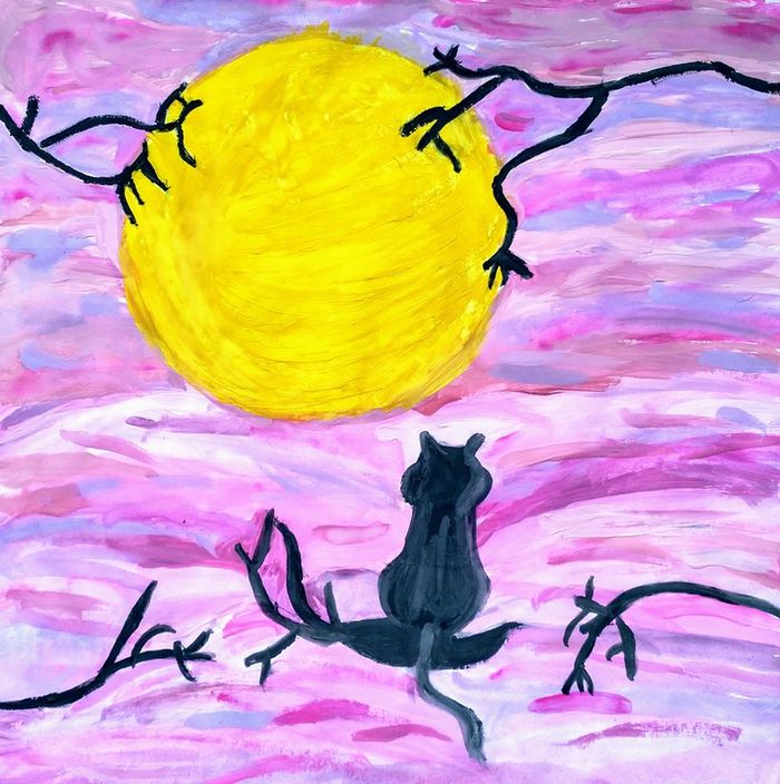 Котик на закате рисунок красками